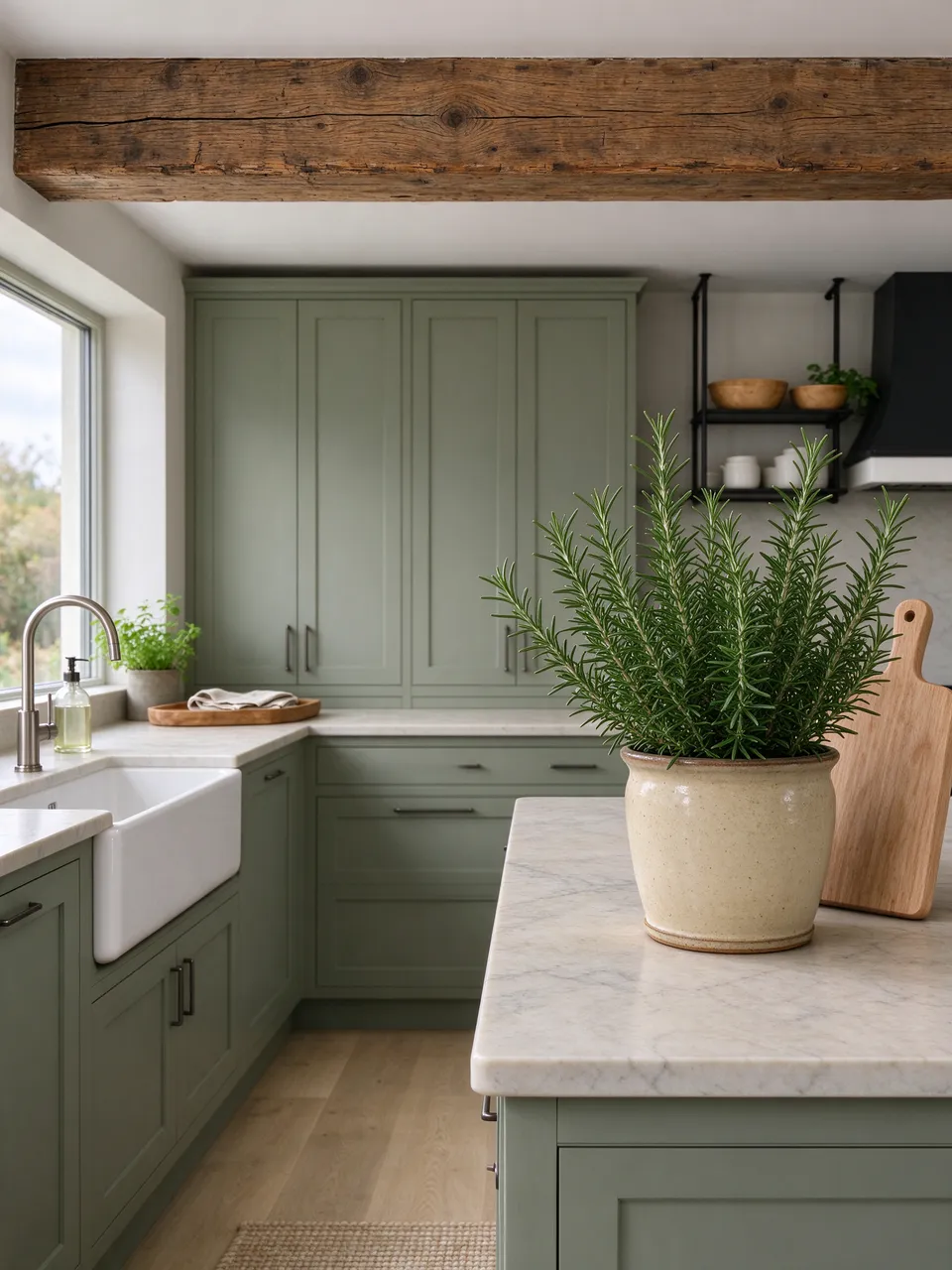 Modern country kitchen with sage cabinets, oak ceiling beam, fireclay sink and rosemary on the marble island