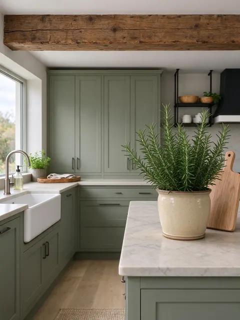 Modern country kitchen with sage cabinets, oak ceiling beam, fireclay sink and rosemary on the marble island