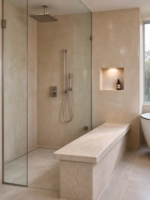 Minimalist wet room with sand tadelakt walls, rainfall shower, and stone bench next to a frosted glass shower screen