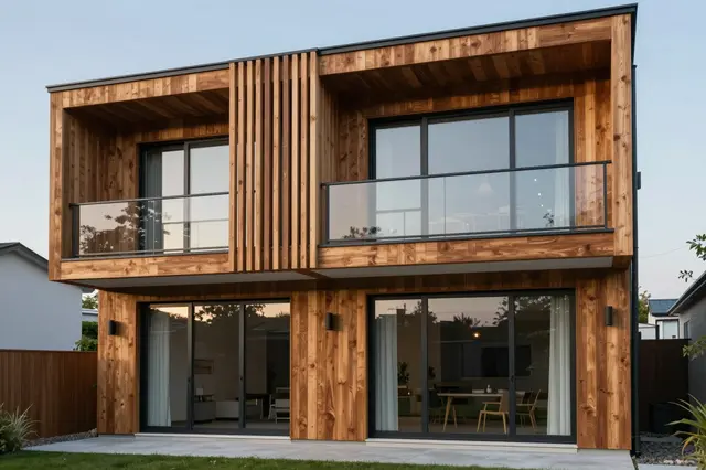Two-story modern wooden clad house with large windows at twilight in a residential neighborhood