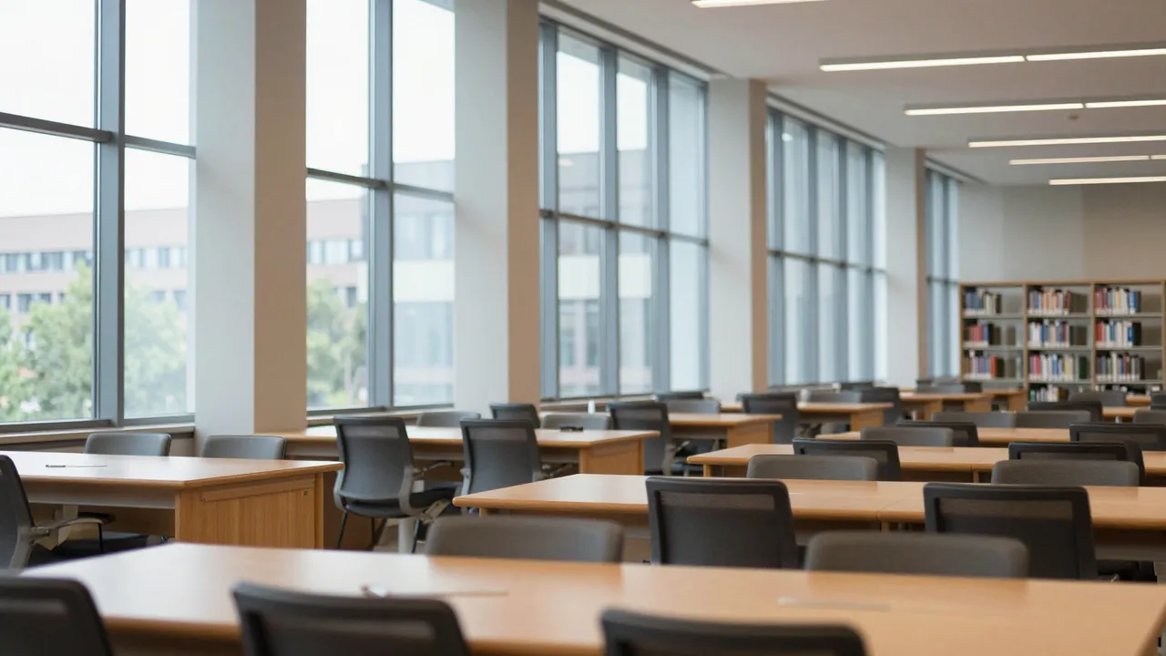 Empty modern university library study space with tall windows, wooden tables, and blurred bookshelves