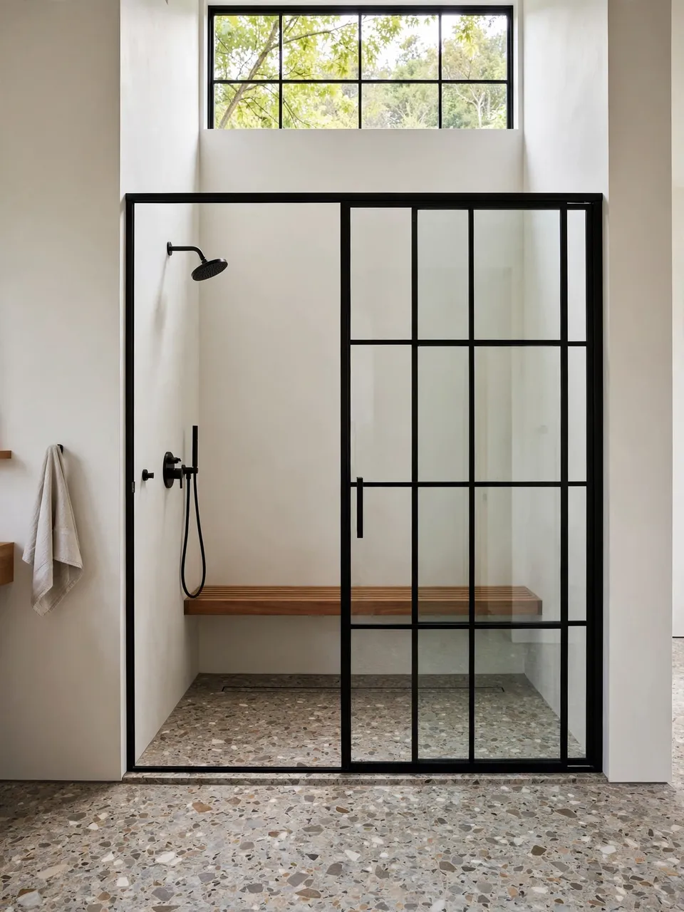 Black steel framed glass walk-in shower with terrazzo flooring and a high window showing green treetops outside