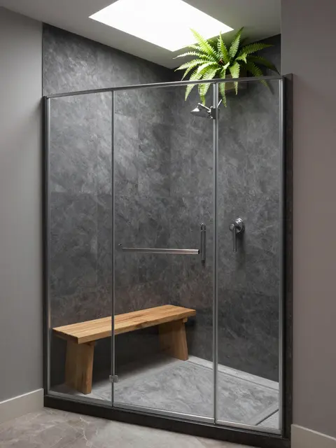 A glass-enclosed walk-in shower with slate walls, wooden bench, skylight, and mounted fern plant