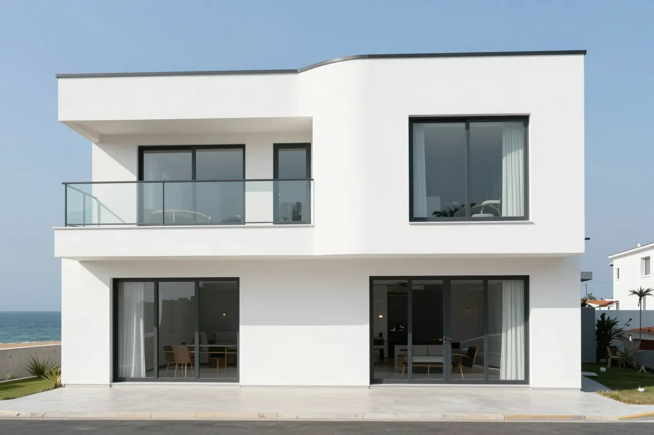 Two-story white modern house with curved facade and dark framed windows facing the calm blue sea