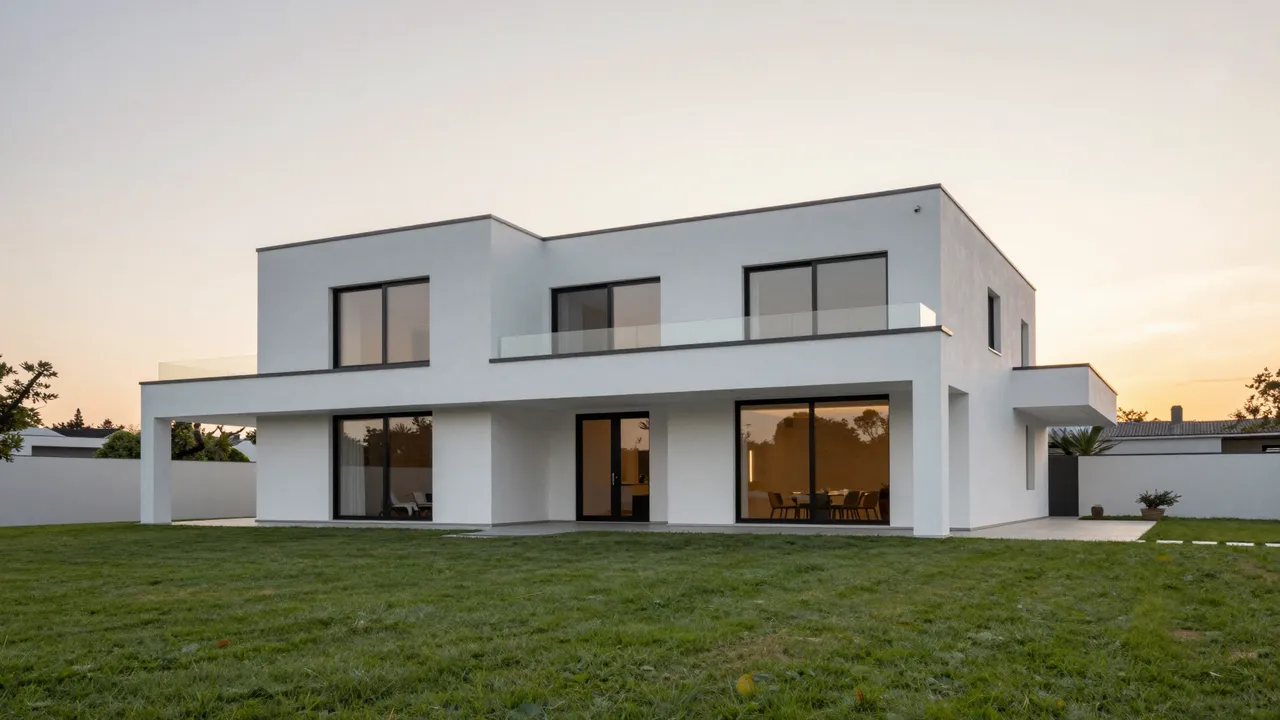 Sleek modern white flat-roofed villa sits above a wide green lawn under a soft sunset sky