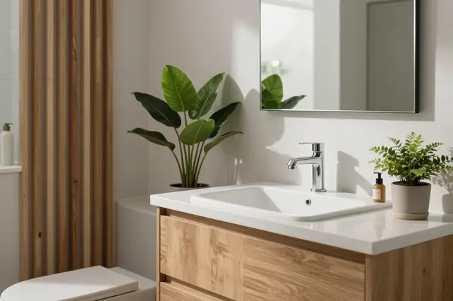 Minimalist modern bathroom with wood cabinetry, potted houseplants, and soft natural light