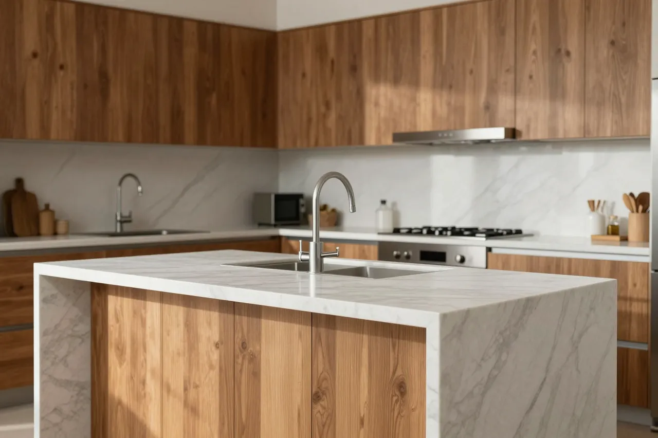 Sunlit modern kitchen featuring warm wood cabinetry and a veined white marble center island
