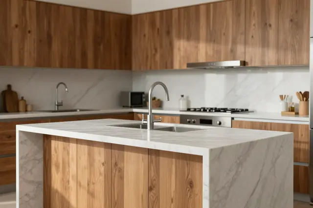 Sunlit modern kitchen featuring warm wood cabinetry and a veined white marble center island