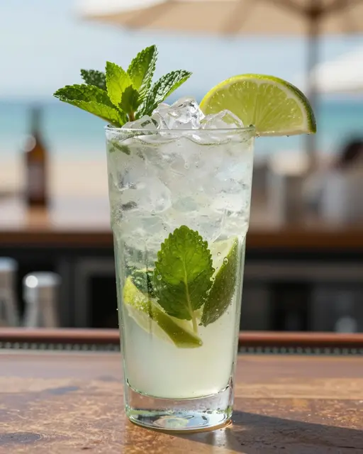 A fresh mojito cocktail with mint, lime and crushed ice sits on a beach bar table overlooking the ocean
