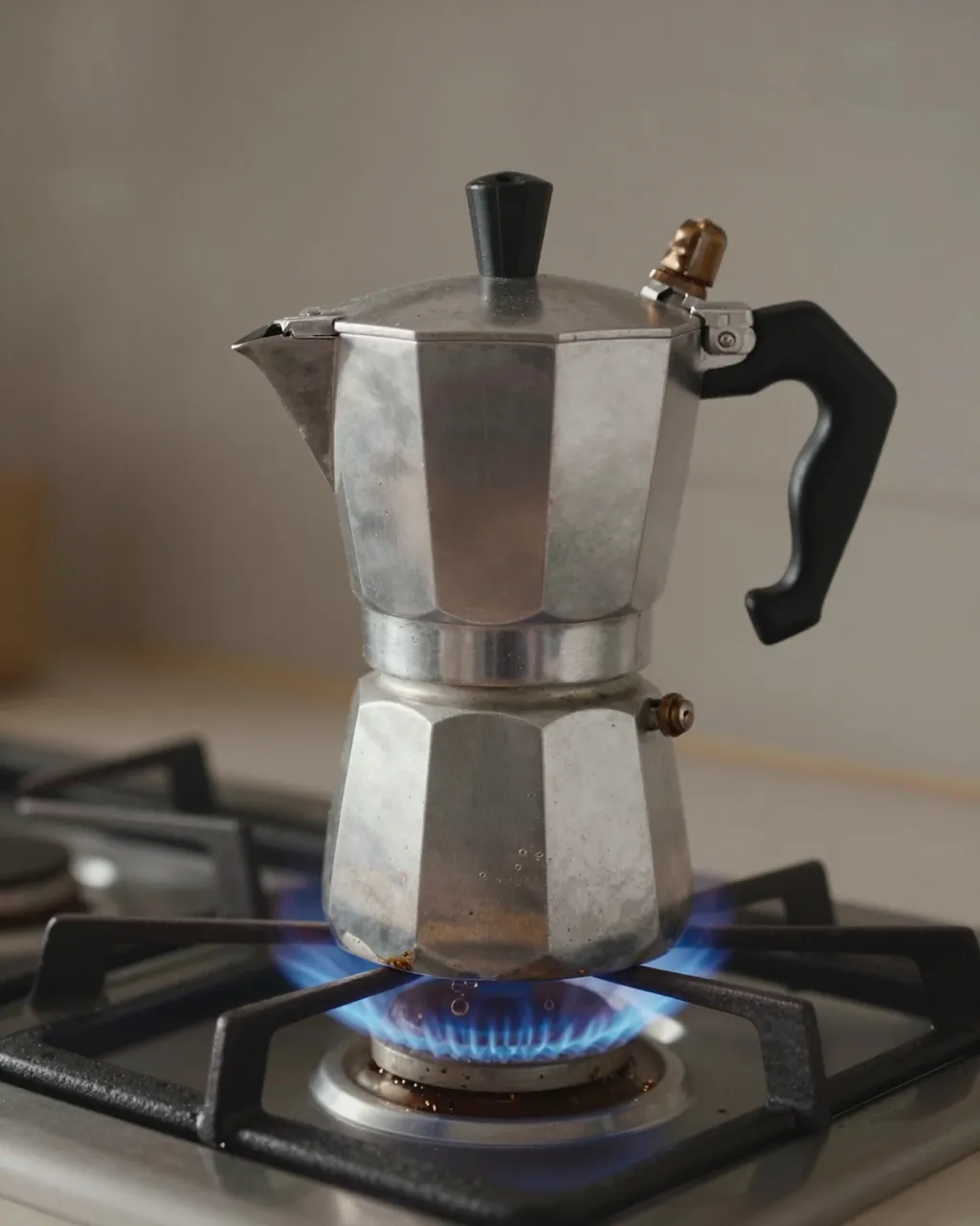 Silver moka pot sits over a small blue gas flame on a kitchen stovetop at dim dawn
