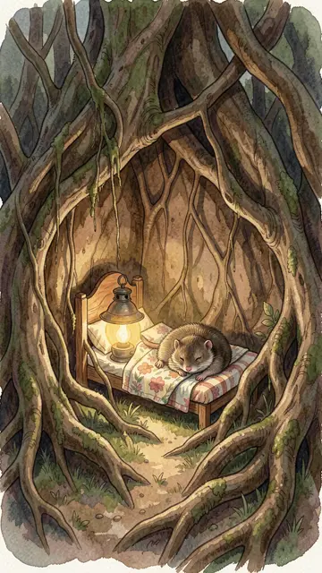 A small sleeping mammal rests on a tiny bed next to a lantern inside a cozy tree root hollow.