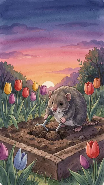A cute furry mole uses gardening tools to tend a raised tulip bed at sunset