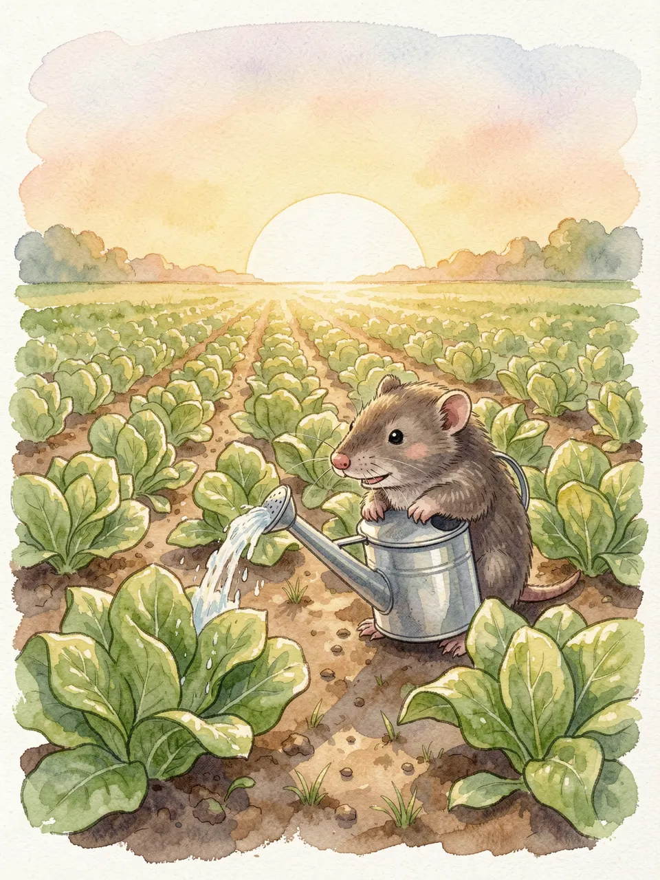 A cute brown mole uses a tin watering can to water rows of lettuce in a garden at golden sunrise