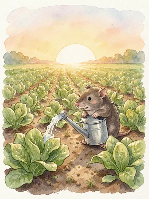 A cute brown mole uses a tin watering can to water rows of lettuce in a garden at golden sunrise