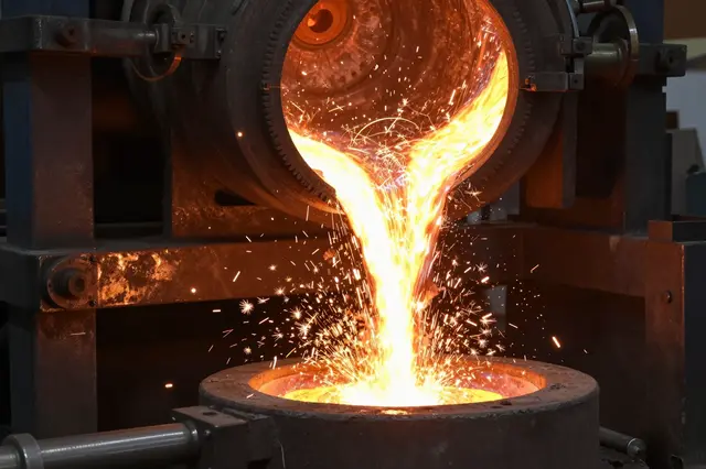 Glowing molten metal pours from an industrial furnace into a receiving ladle, sending up bright sparks in a steel foundry.