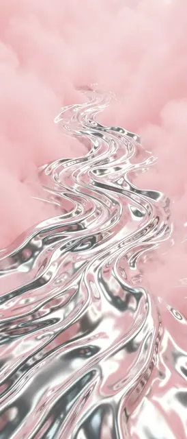 Shiny flowing molten silver winds vertically through soft pastel pink haze