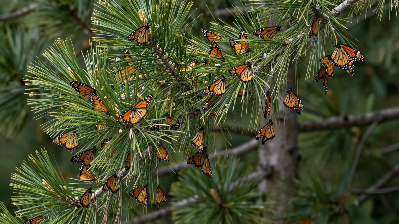 A cluster of orange and black monarch butterflies perched on green pine needle branches in a forest.