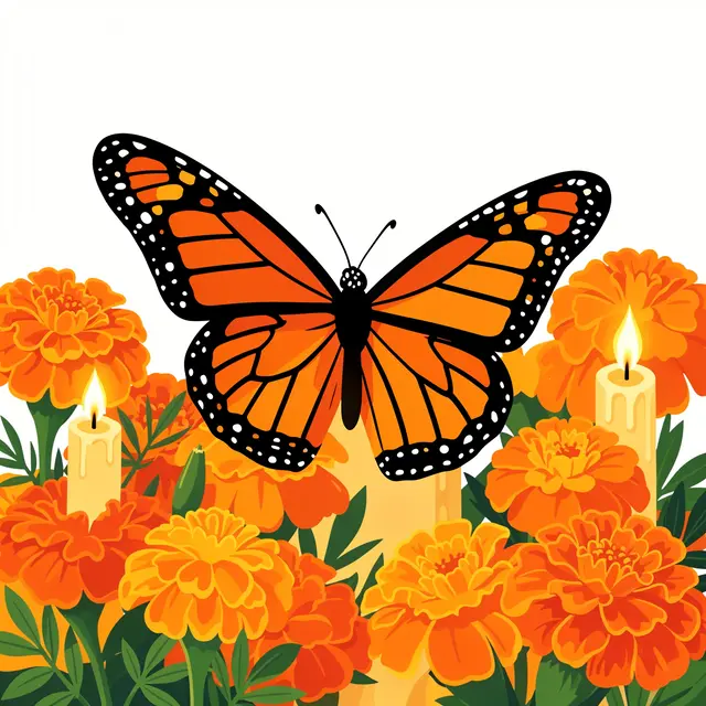A monarch butterfly rests above orange marigolds and lit candles against a plain white background.