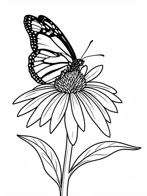 Bold black line art of a monarch butterfly perched atop a coneflower on a plain white background