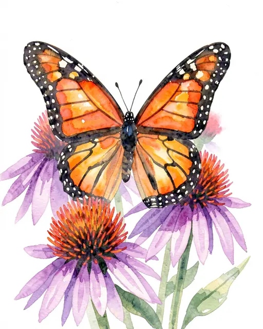 Watercolor painting of a bright orange monarch butterfly resting atop purple coneflowers