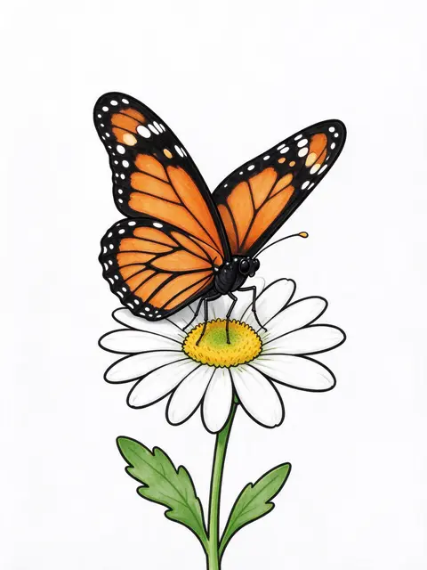 Cartoon illustrated orange monarch butterfly resting on top of a white daisy against a plain white background