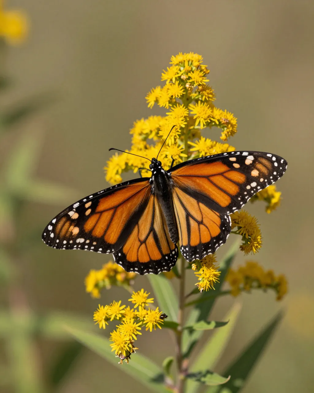 A monarch butterfly with spread orange and black wings rests on a bright yellow goldenrod flower stalk.
