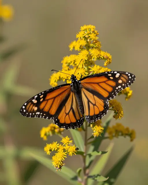 A monarch butterfly with spread orange and black wings rests on a bright yellow goldenrod flower stalk.