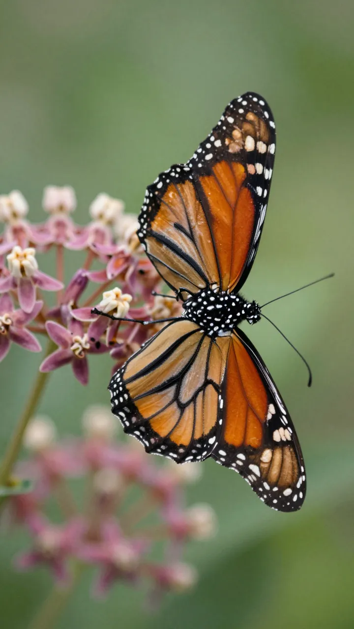 A monarch butterfly rests on pink milkweed flowers against a soft blurred green background