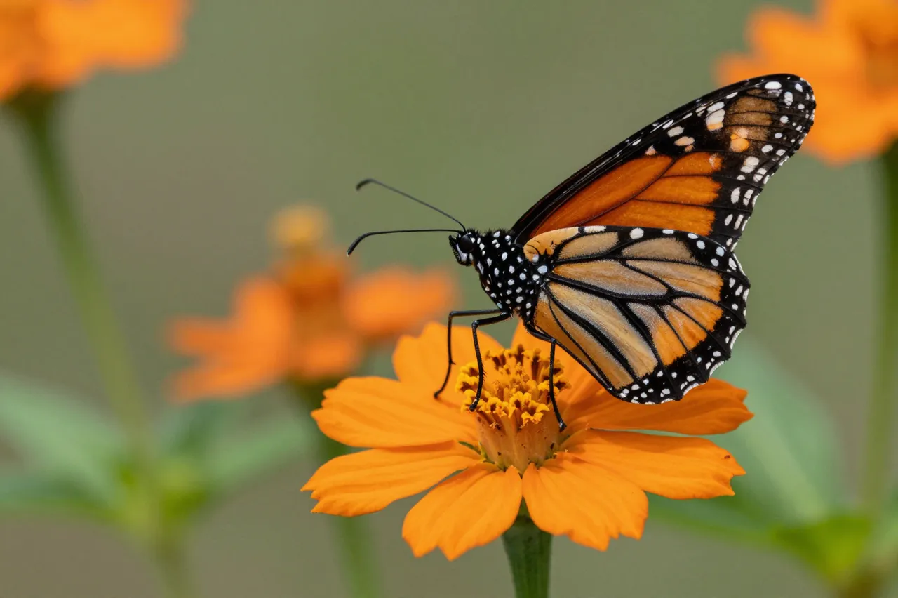 A monarch butterfly perches on the center of a bright orange zinnia flower.