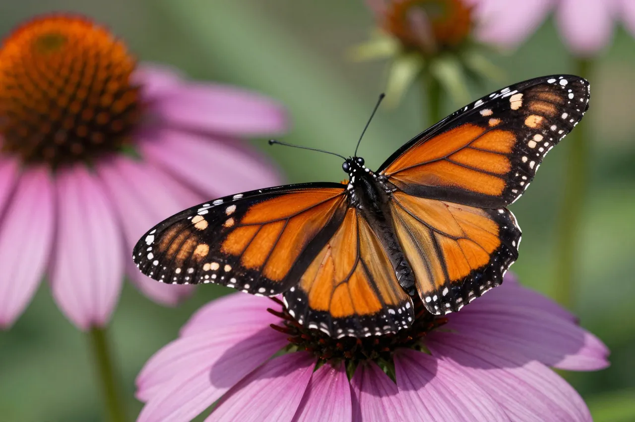 A monarch butterfly with fully spread wings rests on a pink purple coneflower in bright natural light.