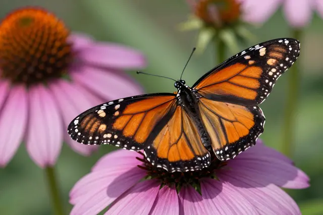 A monarch butterfly with fully spread wings rests on a pink purple coneflower in bright natural light.