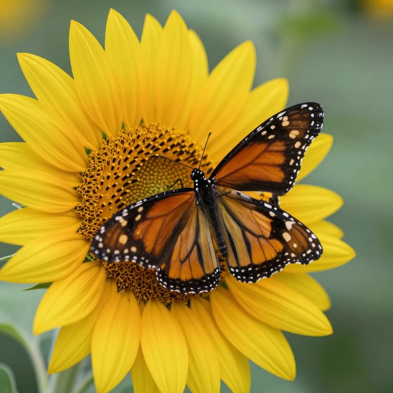 A monarch butterfly rests with wings spread across the center of a bright yellow sunflower against a soft blurred green