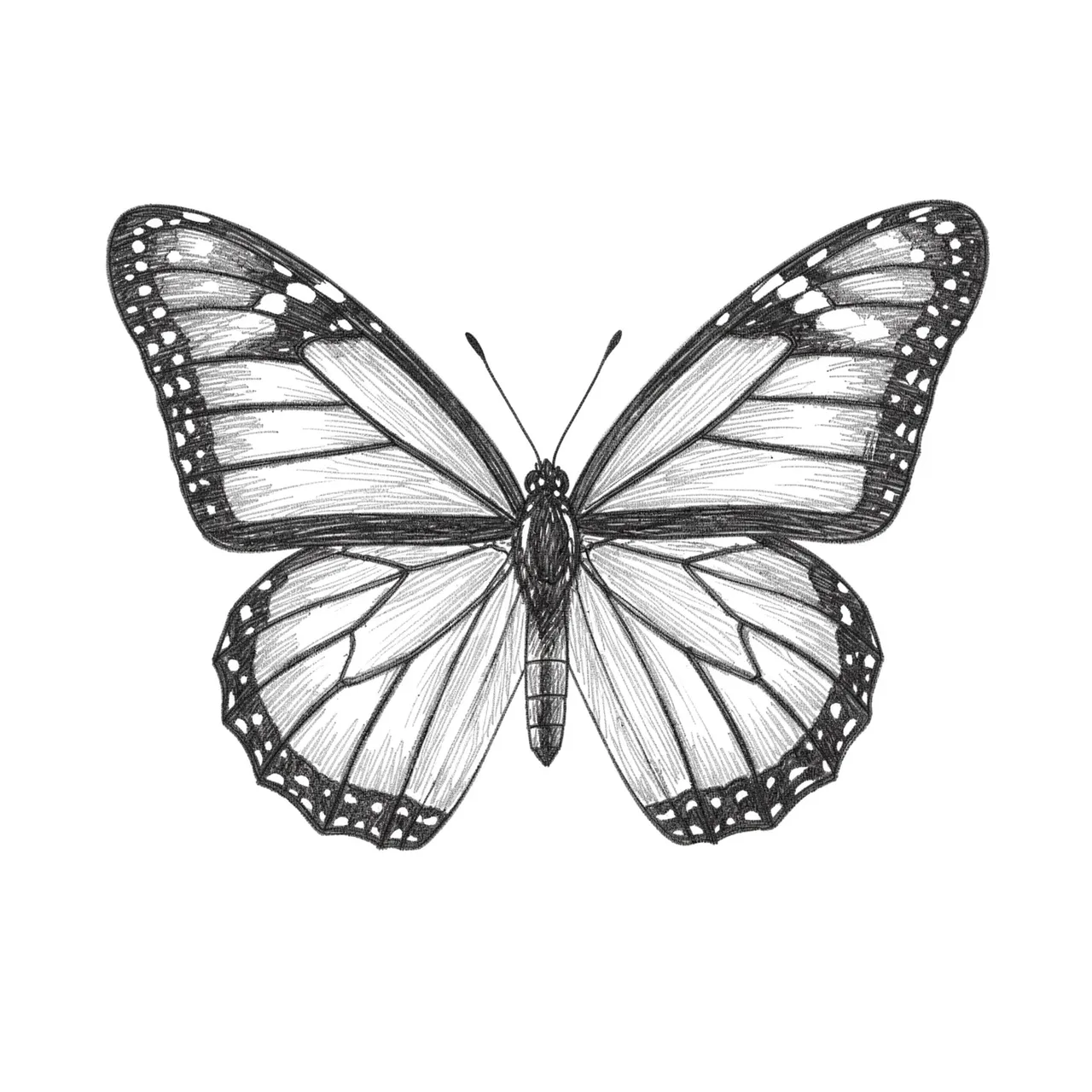 Detailed graphite pencil sketch of an open-winged monarch butterfly on plain white paper