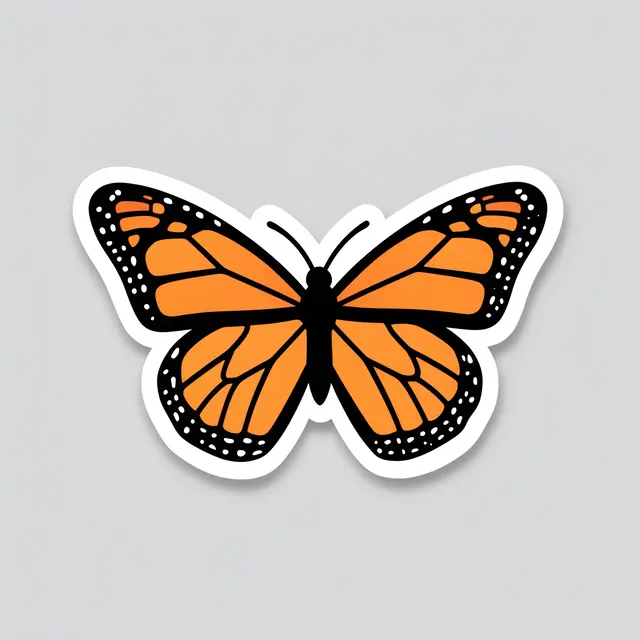 Die-cut monarch butterfly sticker with open wings rests on a plain light gray background