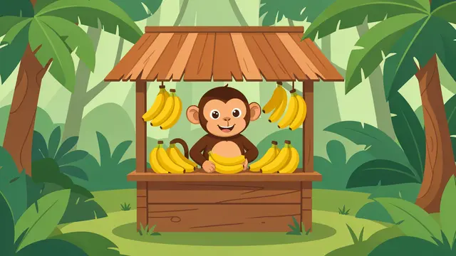 A cute cartoon monkey stands behind a wooden stall piled with bananas in a tropical jungle