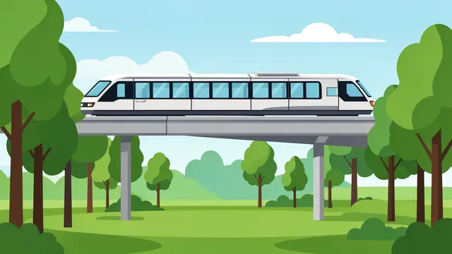 Sleek modern monorail travels on an elevated track over a leafy green park under a light blue sky