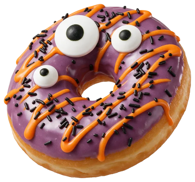 Monster themed doughnut with purple glaze, candy eyeballs, orange drizzle and black sprinkles