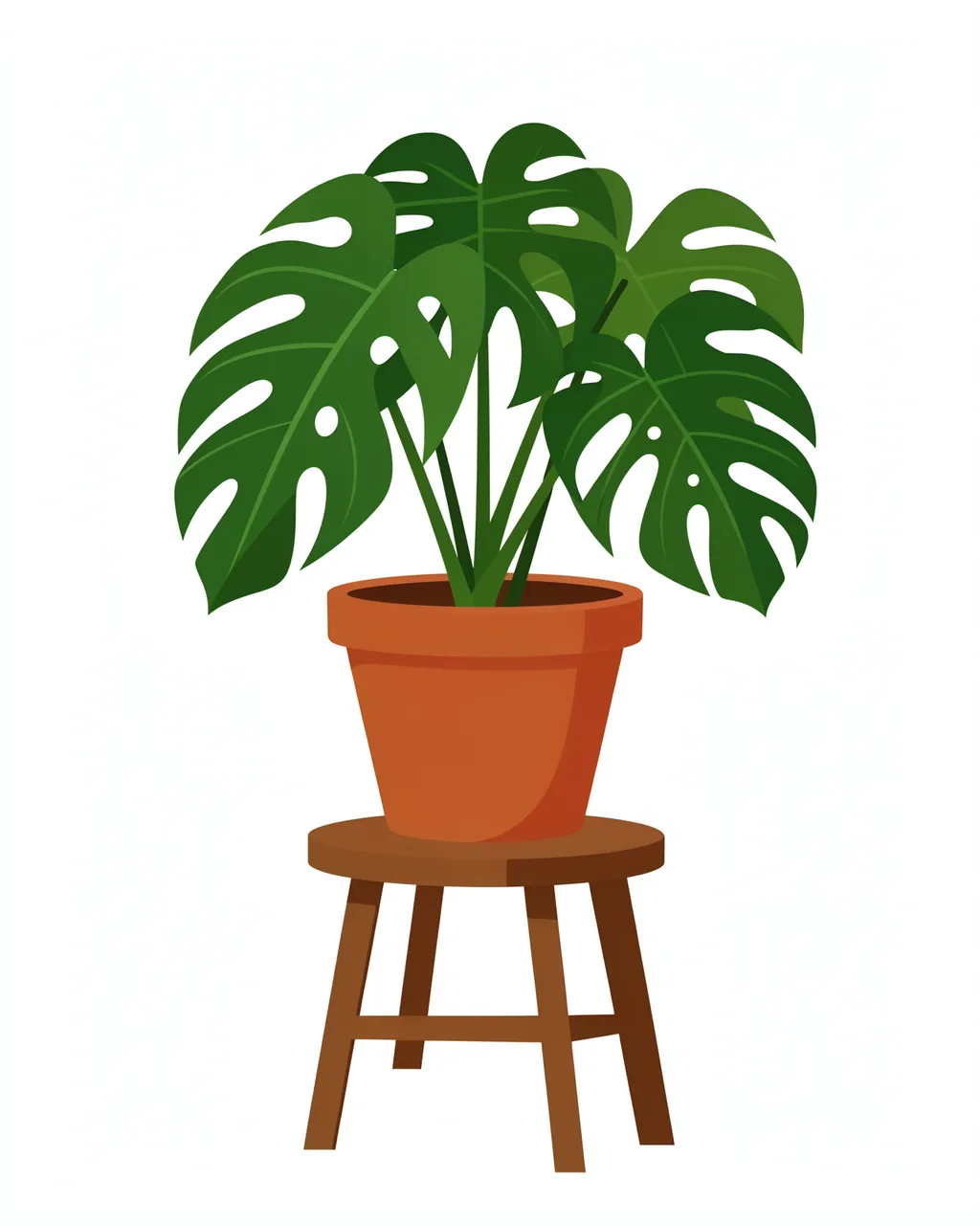 Flat vector illustration of a potted monstera plant sitting on a small wooden stool against a plain white background