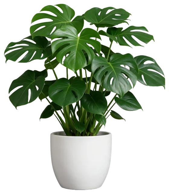 Lush leafy monstera houseplant growing in a matte white ceramic pot
