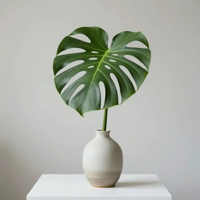 A single monstera leaf sits in a slim two-tone ceramic bud vase atop a white plinth against a pale gray background.