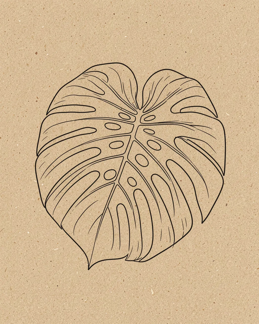 Clean one-line monstera leaf illustration on a textured kraft sand-colored background