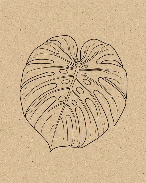 Clean one-line monstera leaf illustration on a textured kraft sand-colored background