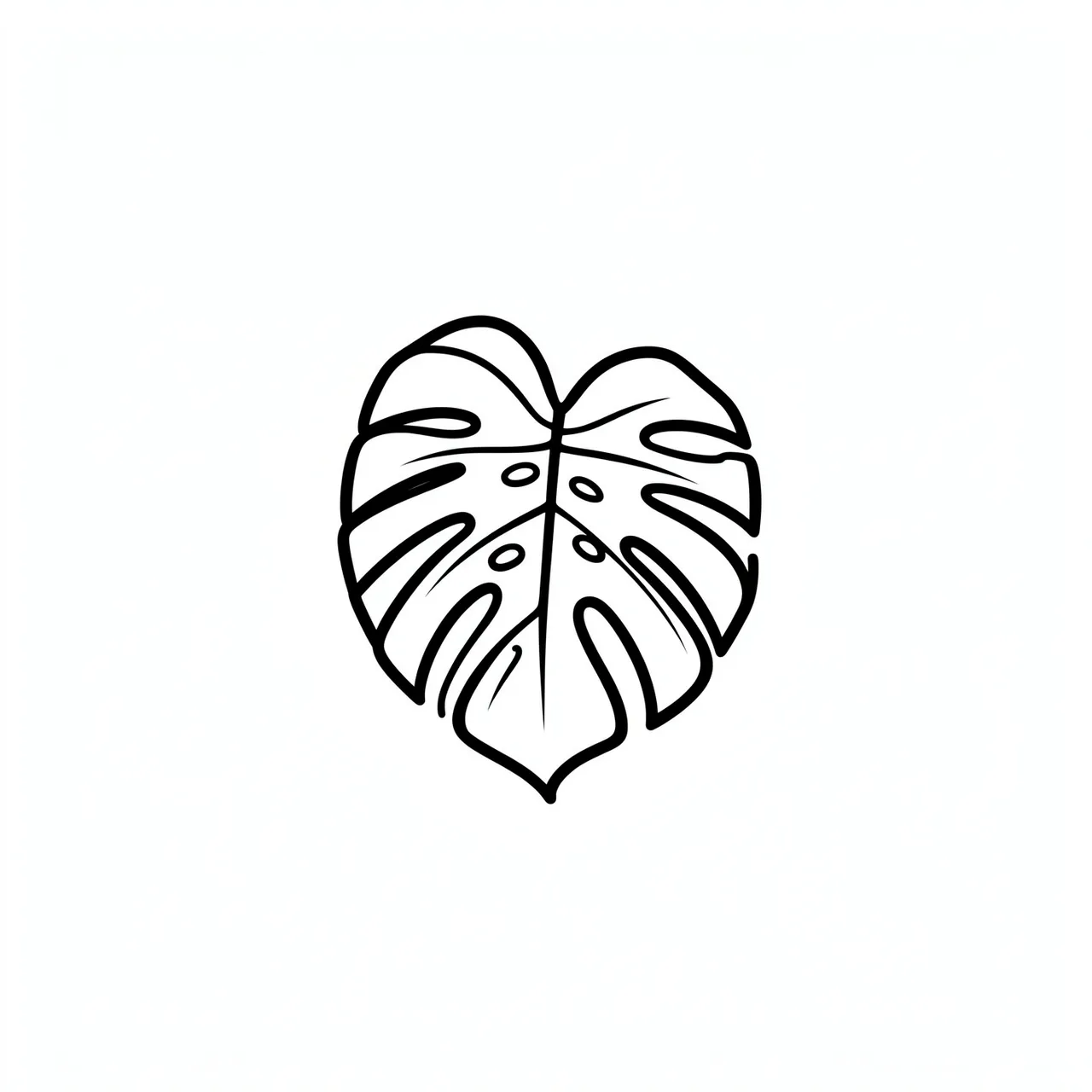 Bold black line art of a single monstera leaf centered on a plain white background