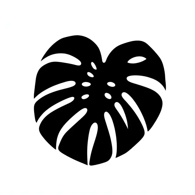 Solid black monstera leaf silhouette with splits and fenestrations on a plain white background