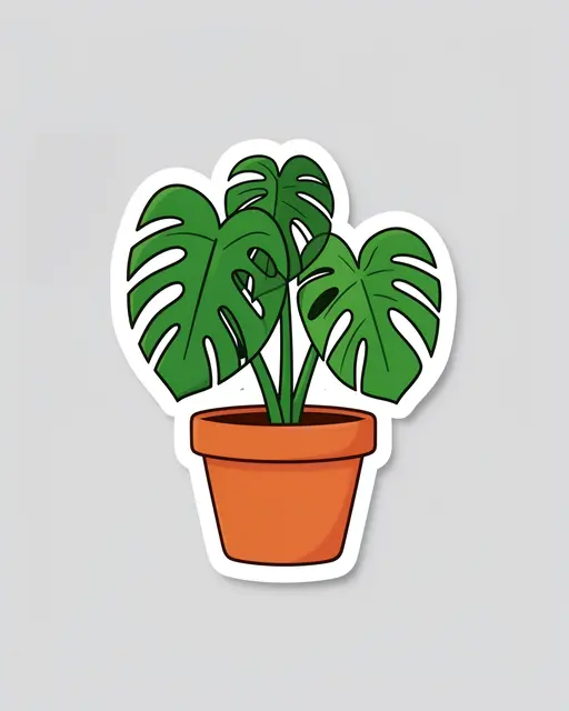 Die-cut sticker of a potted monstera houseplant with a thick white border on a light gray background