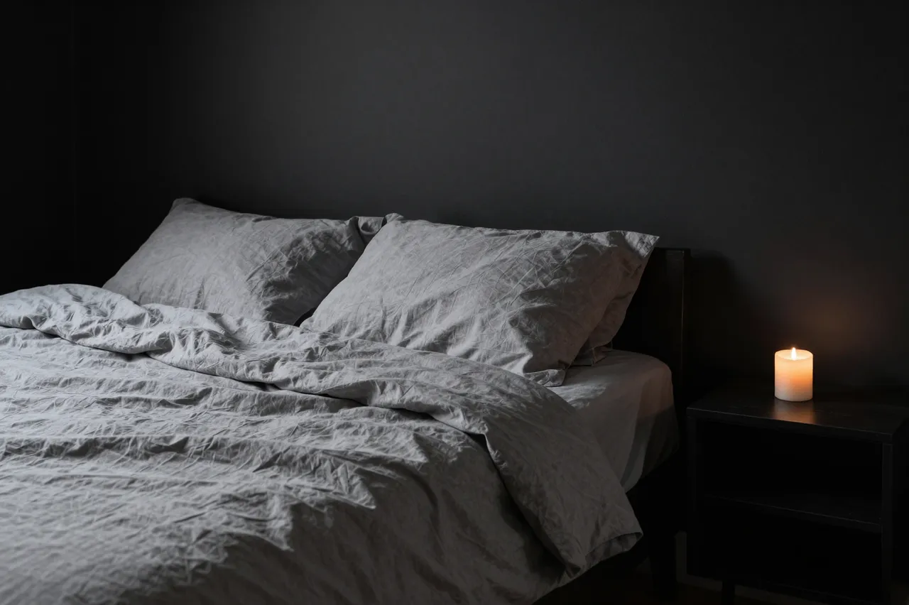 A dim moody bedroom with rumpled gray linen bedding and a lit candle on a black nightstand against dark walls