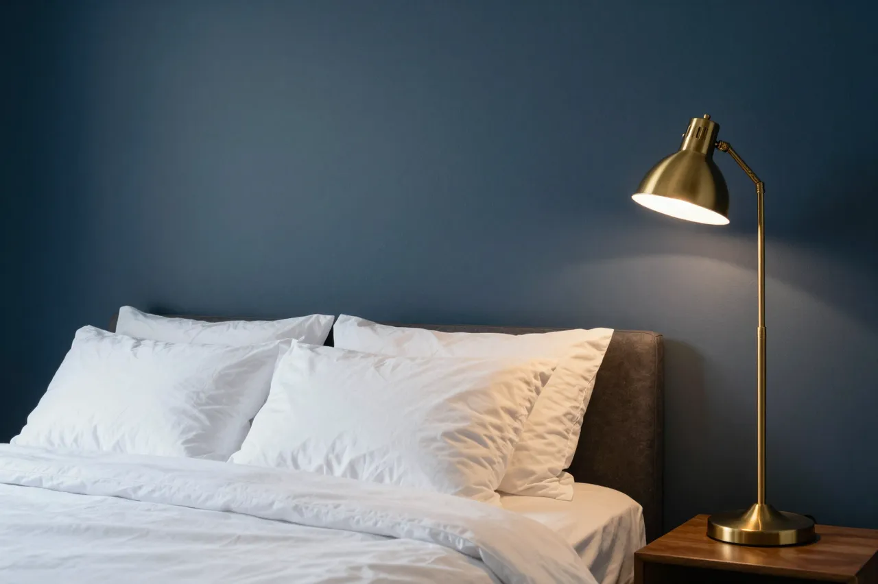 Lit brass reading lamp sits on a nightstand beside a made bed with white linens against a dark blue wall