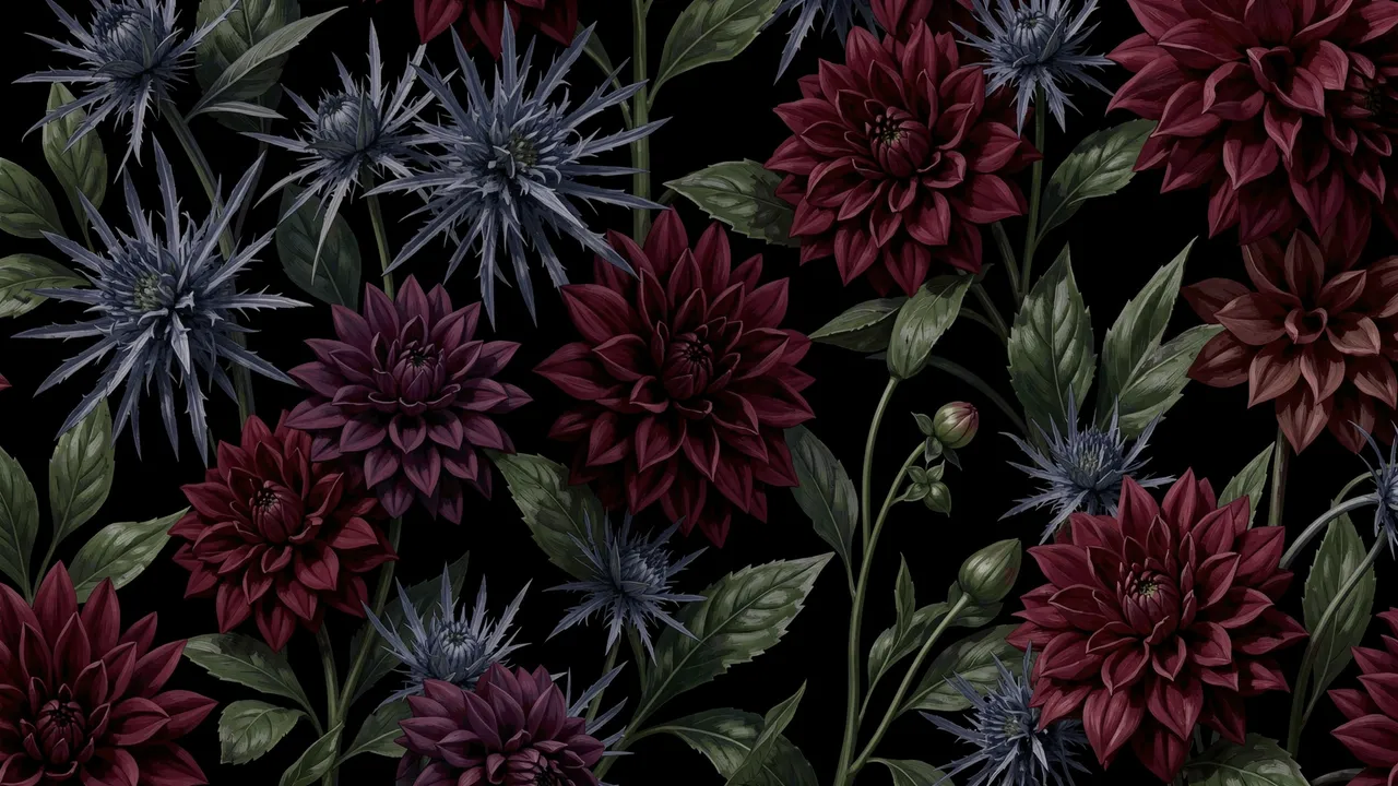 Dense arrangement of burgundy dahlias, dusty blue thistles and deep green leaves against a charcoal black background
