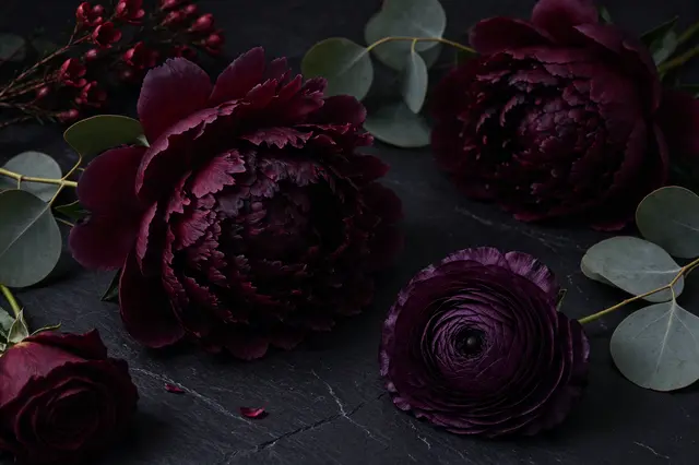Burgundy peonies, plum ranunculus and eucalyptus arranged across a dark black slate surface in low moody light