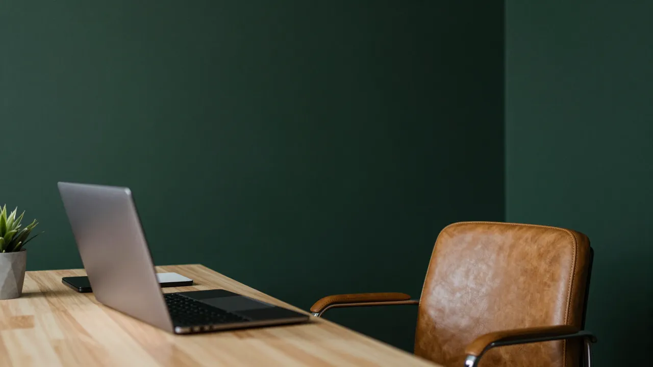 Wooden home office desk with a silver laptop, small potted plant, and tan leather chair against dark green walls